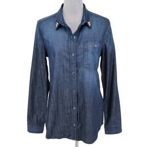7 For All Mankind Top Womens Medium Blue Cotton Denim Rhinestone Collar Blouse